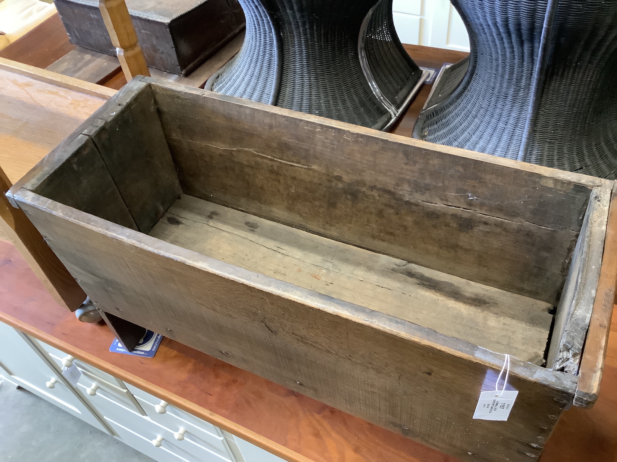 A small 18th century oak 6 plank coffer. W-80cm, D-32cm,H-45cm.
